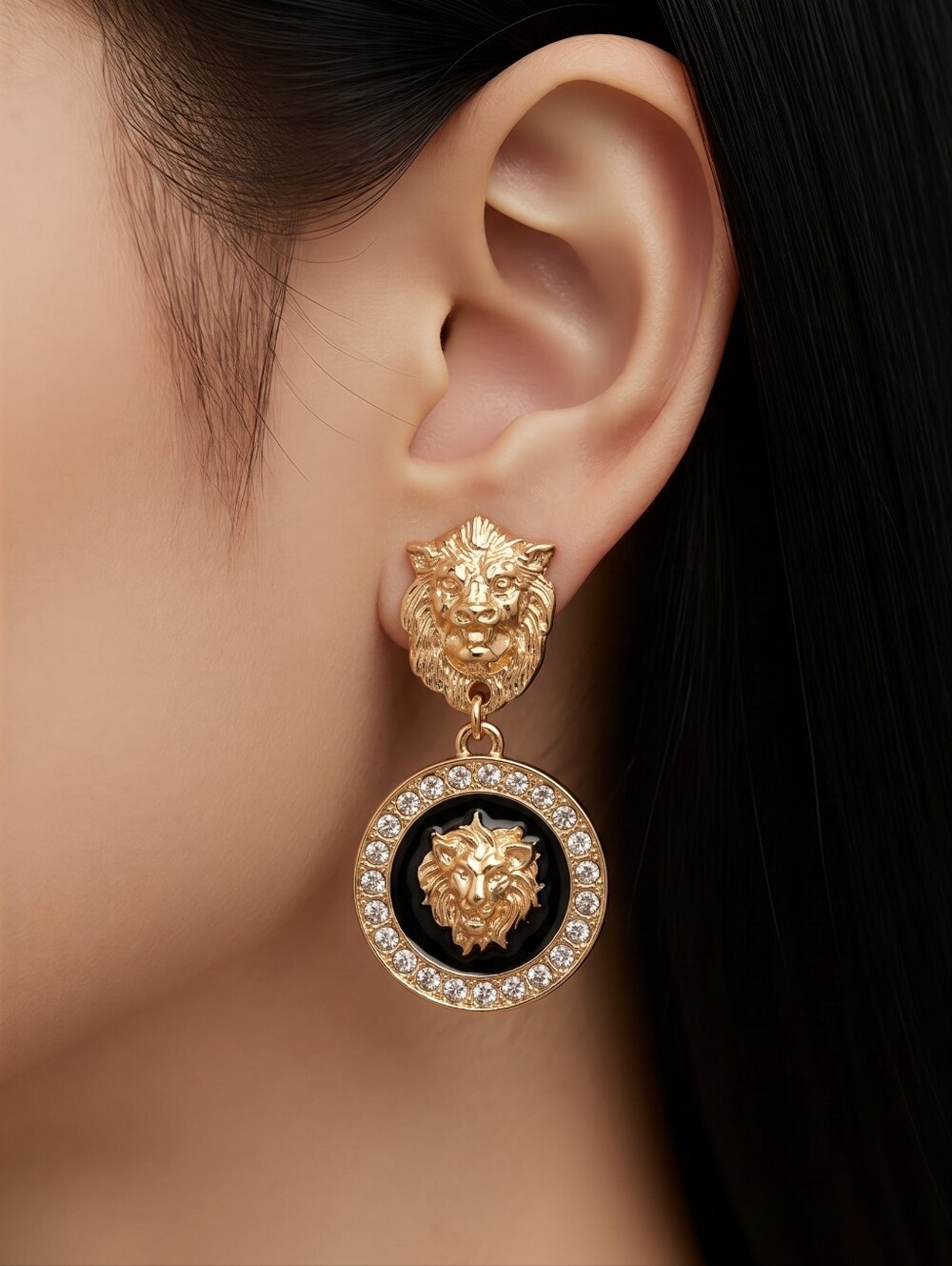 Elegant Gold Lion Head Earrings NIP